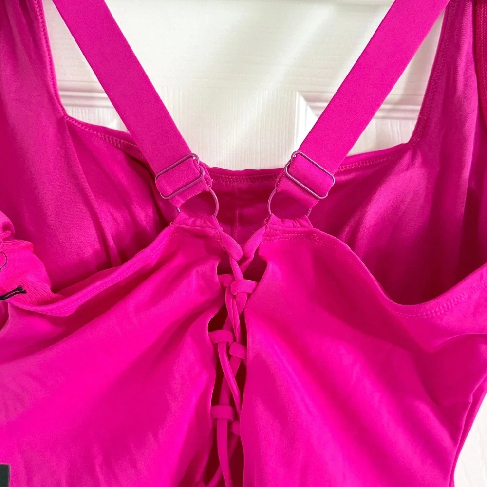 TA3 Hi Cut Squarey‎ One Piece Swimsuit Pink Sculpting Lace Up Back 2X Short 3.0